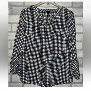 Talbots Blue Plaid With Yellow Flowers and Bell Sleeves Size Small